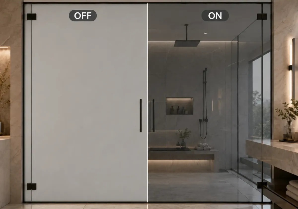 Puerta de regadera con película gris: apagada se ve esmerilada y encendida queda transparente con tono gris