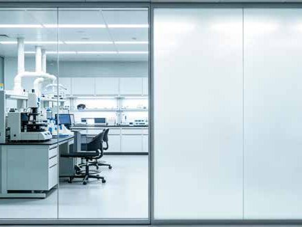 Laboratorio con muros de vidrio, una parte transparente y otra esmerilada